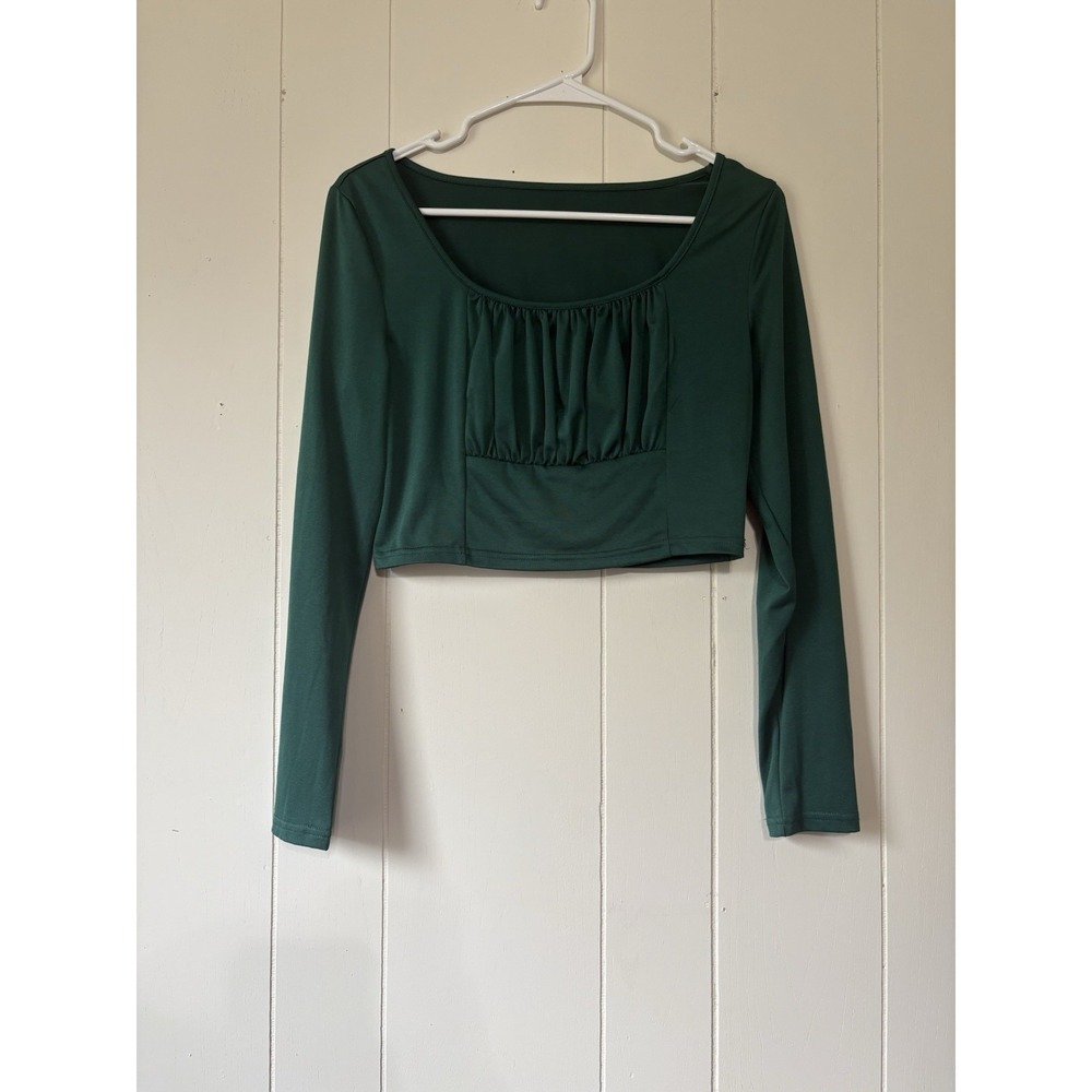 SHEIN Women's L Dark Green Long Sleeve Cropped Top Ruched Scoop Neck Stretch
